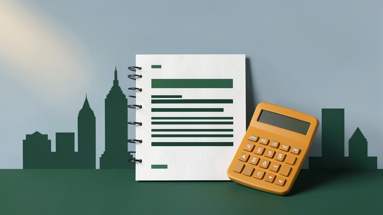 A warm, minimalist illustration of a Canadian city skyline in the background with a stylized mortgage document and calculator in the foreground, suggesting financial planning.