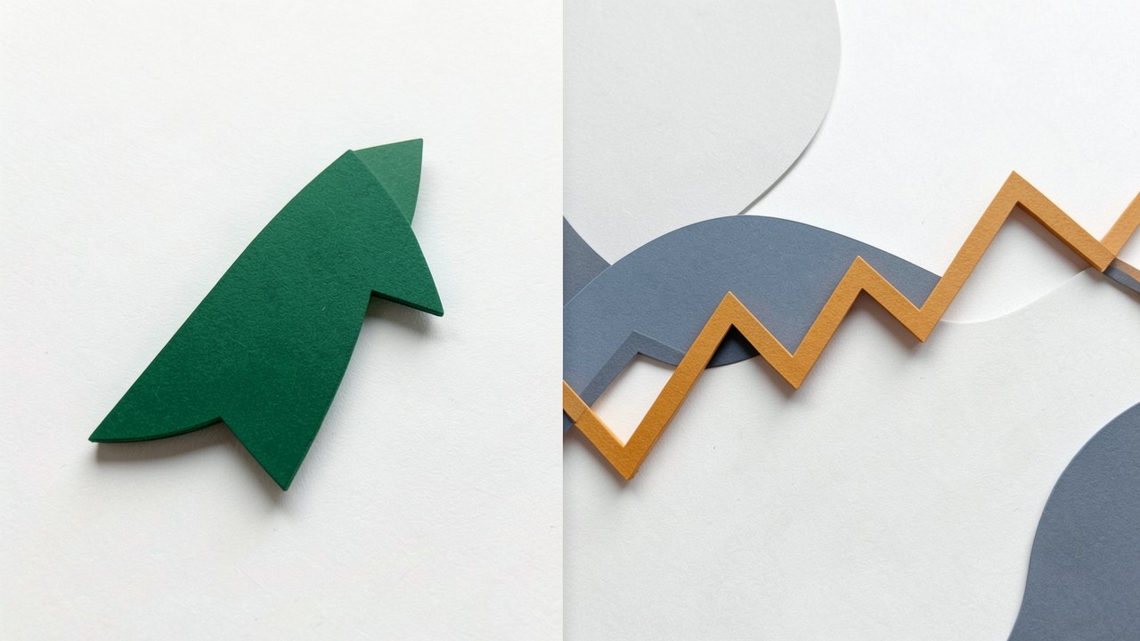 A split-image illustration: left shows a steady upward arrow on a smooth path, right shows a fluctuating line chart, representing fixed vs variable rates.