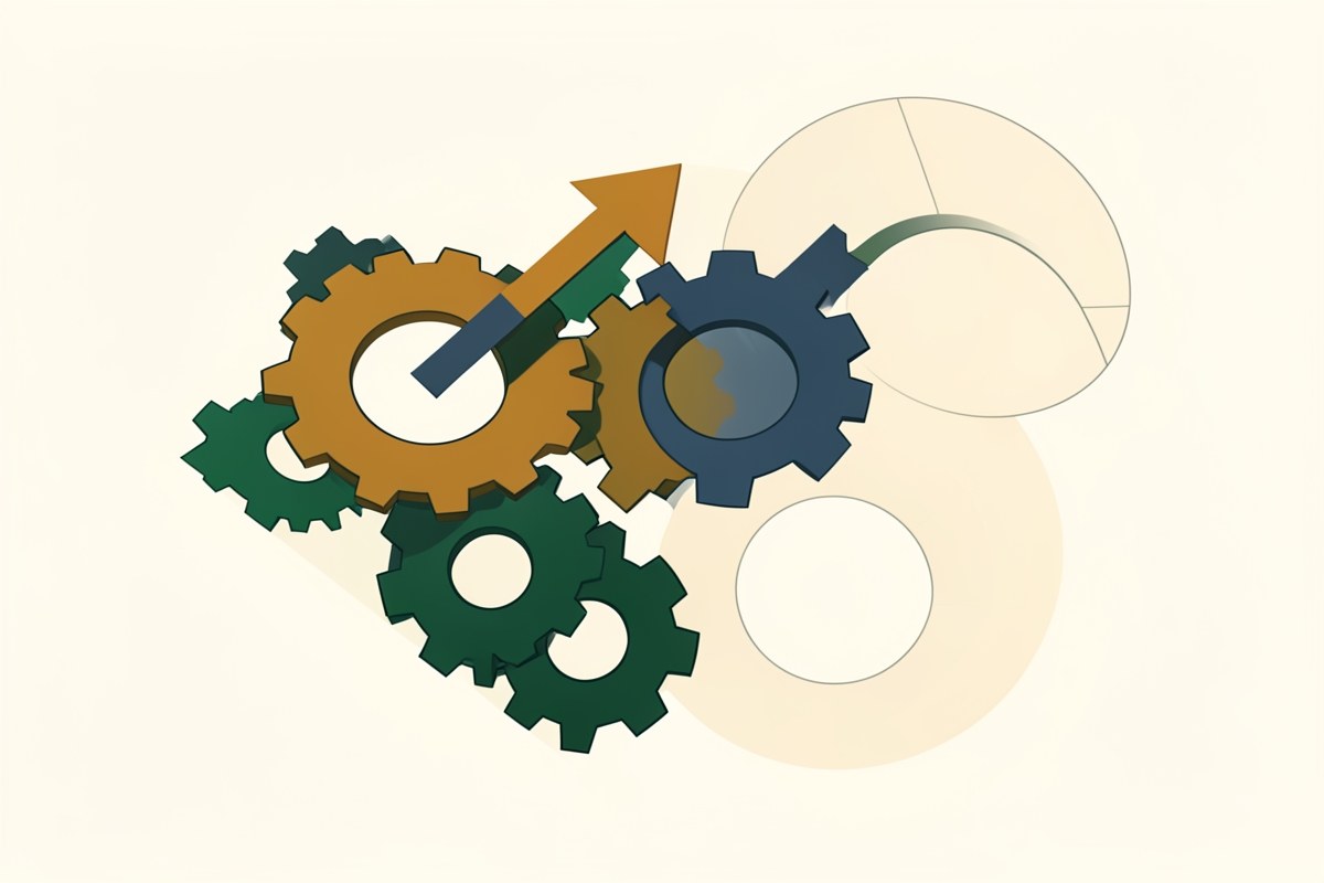 An abstract illustration of interconnected gears and a upward arrow, representing economic factors influencing mortgage rates.