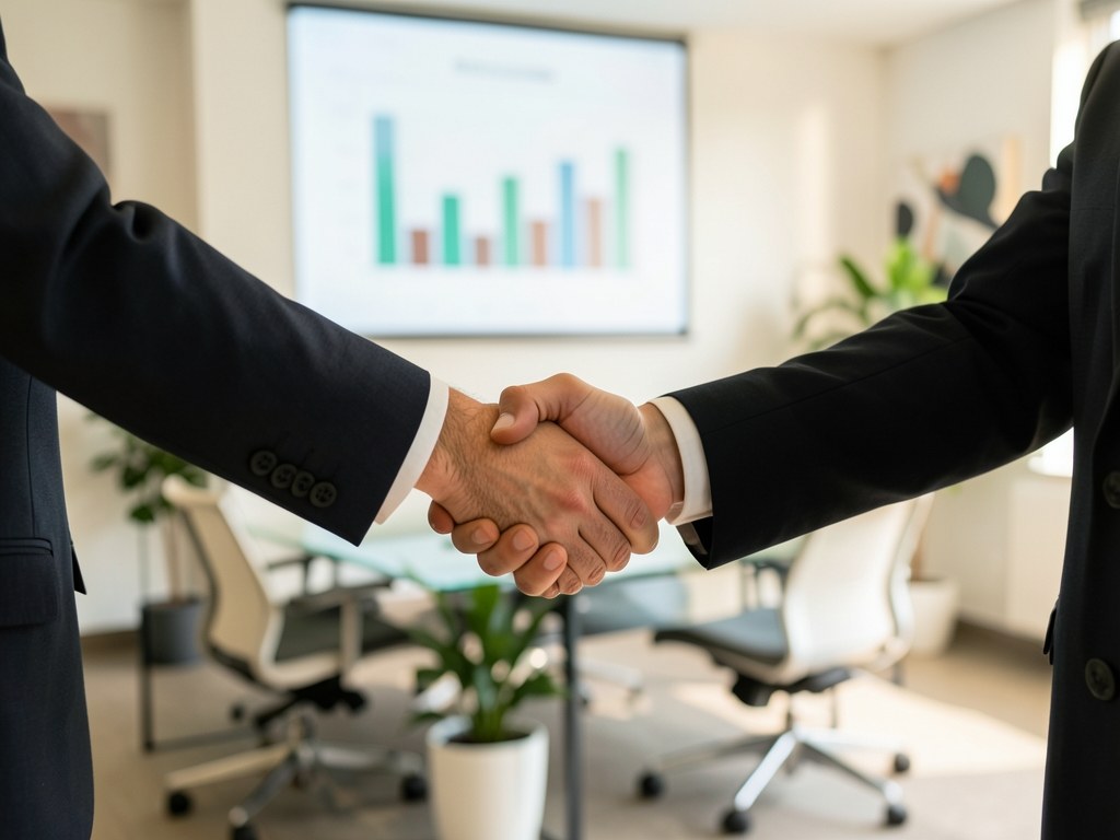 A handshake between two professionals in a modern office, with a blurred graph in the background, representing negotiation.