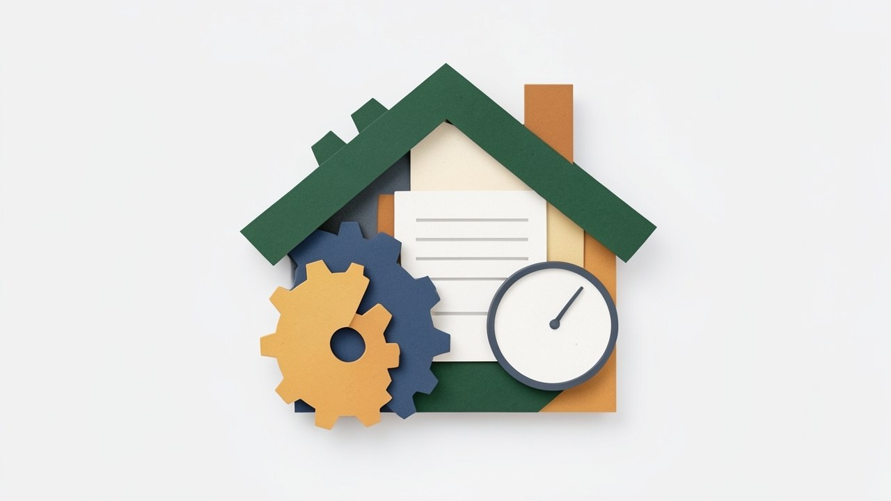 An abstract representation of a house made of gears and documents, with a clock, symbolizing refinancing.
