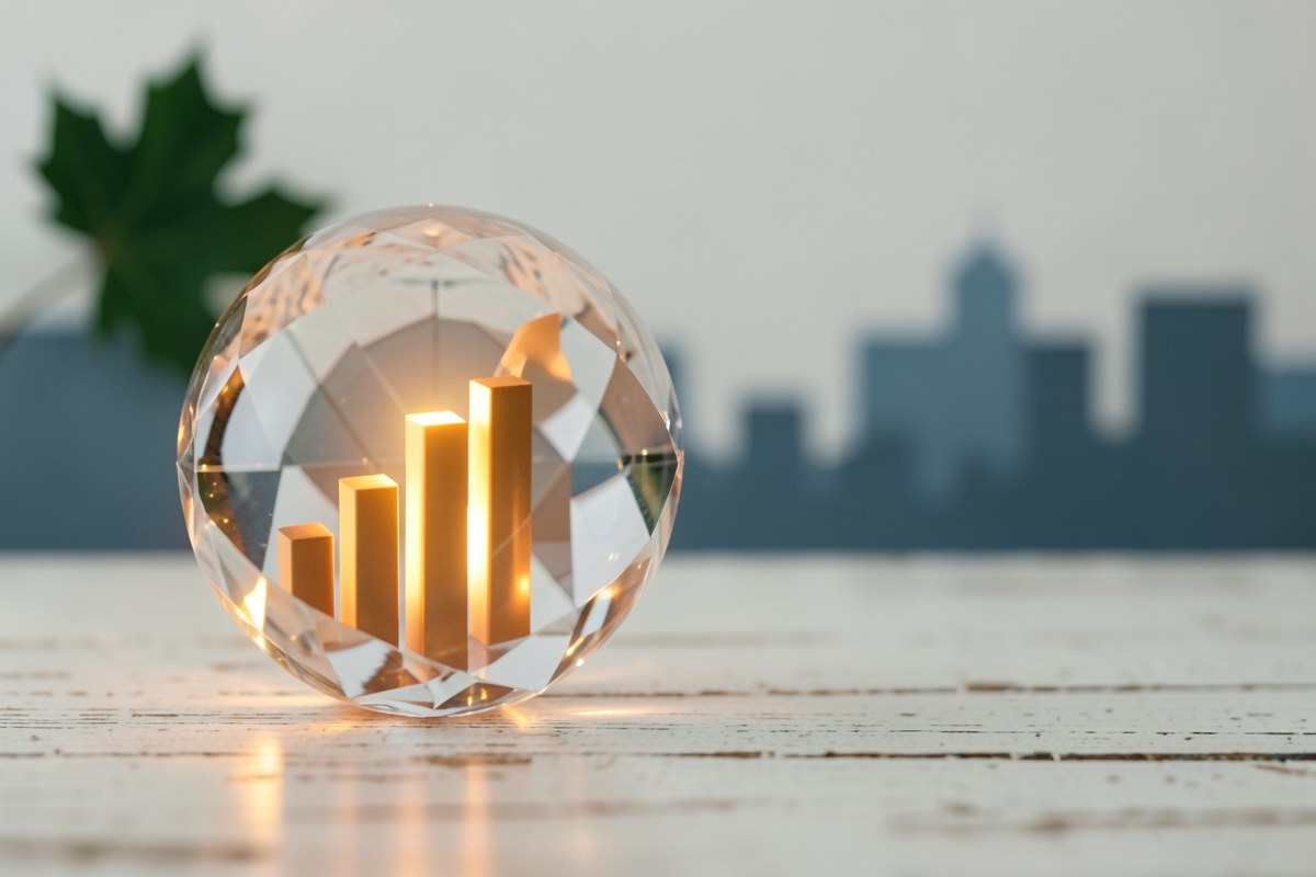 A crystal ball with a bar chart inside, resting on a desk, suggesting forecasting, with a Canadian maple leaf in the background.