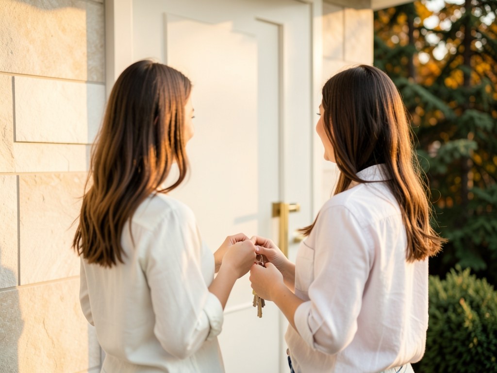 A young couple with a set of keys in front of a new home, with maple trees, symbolizing first-time home buying.