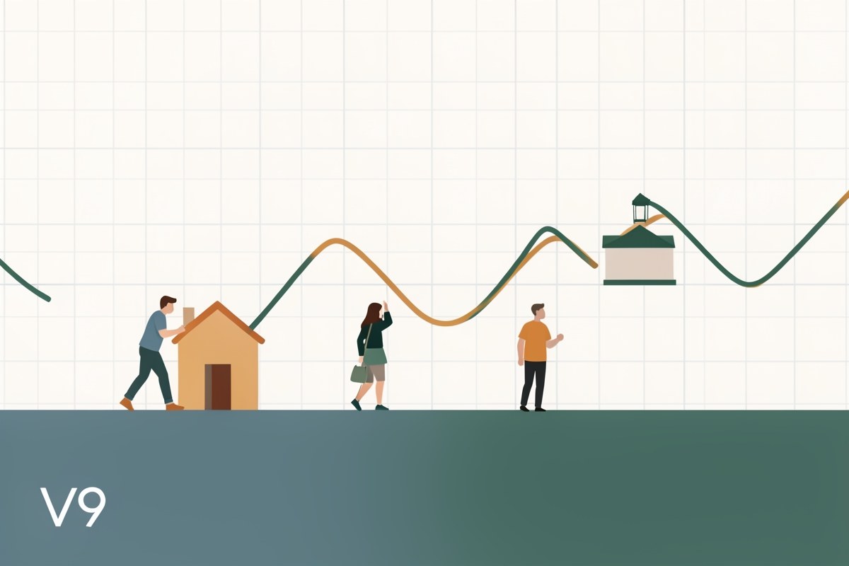 A line graph that goes up and down, with a small house icon at the start, representing variable rates.