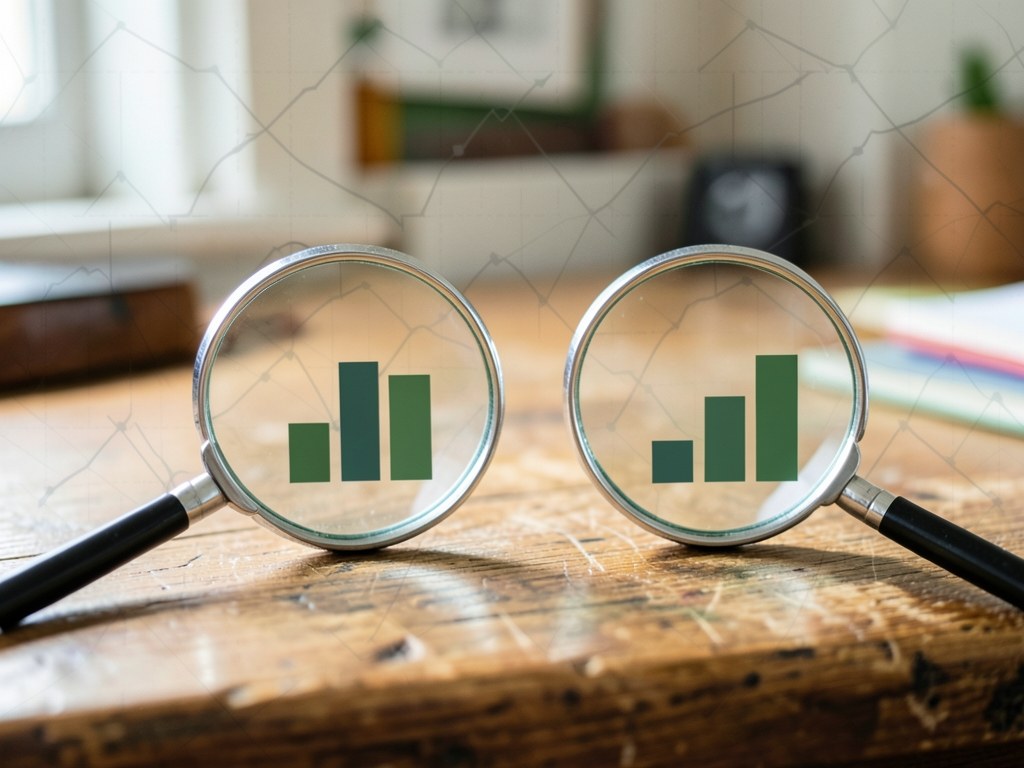 Two magnifying glasses side by side, each focusing on a different set of bar charts, symbolizing comparison.