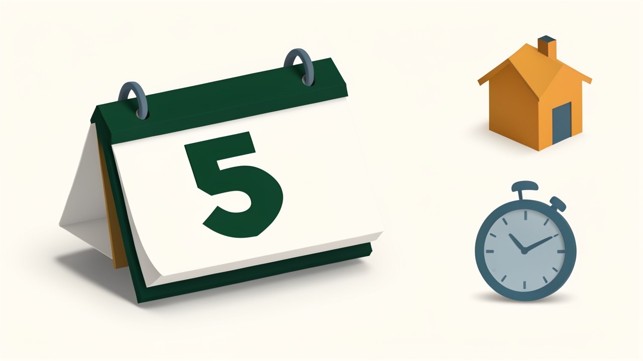 A stylized calendar with '5' in large, surrounded by a house and a clock, representing a five-year fixed term.