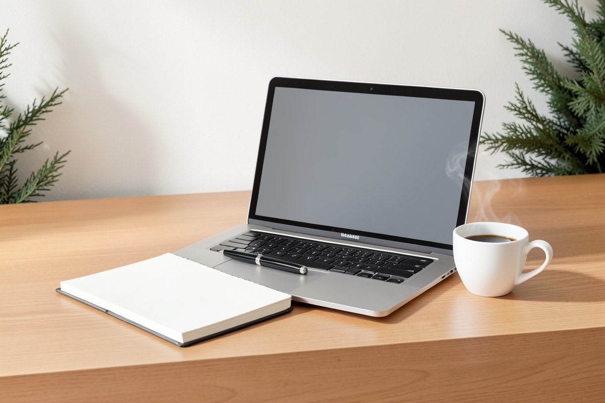 A clean desk with a laptop, a notebook, and a cup of coffee, symbolizing editorial work.