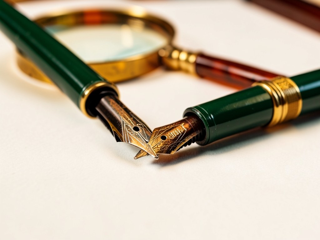 A fountain pen writing on paper, with a magnifying glass, symbolizing editorial review.