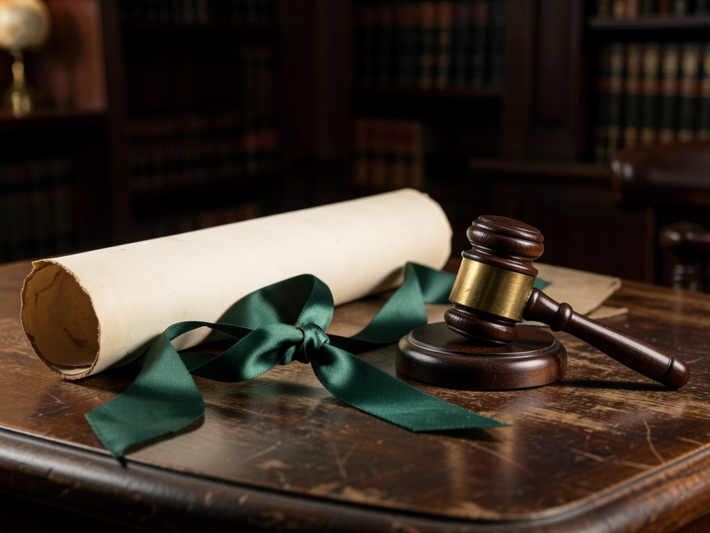 A scroll with a ribbon and a gavel, symbolizing terms and conditions.