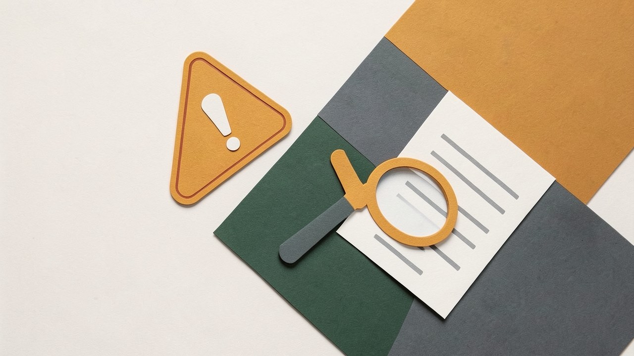 A warning sign with an exclamation mark, and a magnifying glass, symbolizing caution and verification.